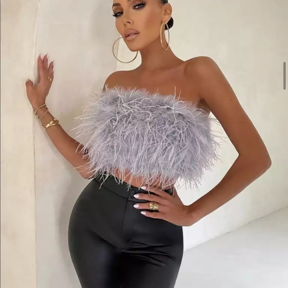 🎉New Arrival Sexy Light Gray Crop Ostrich Feather Tube Style Top - Medium - Picture 3 of 13